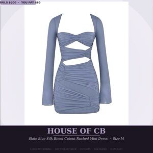House of CB Slate Blue Silk Blend Cutout Ruched Mini Dress | Size M